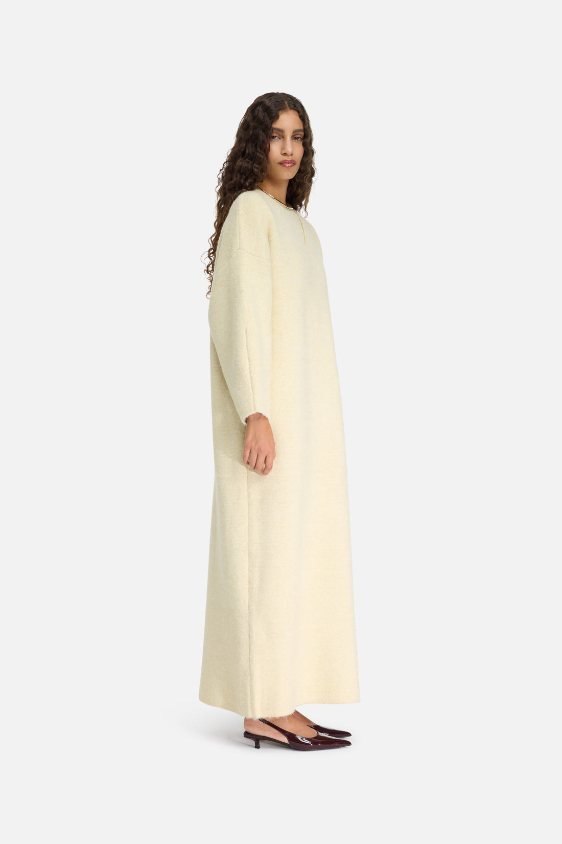 Geborstelde tricot V-halsjurk | Cloud White