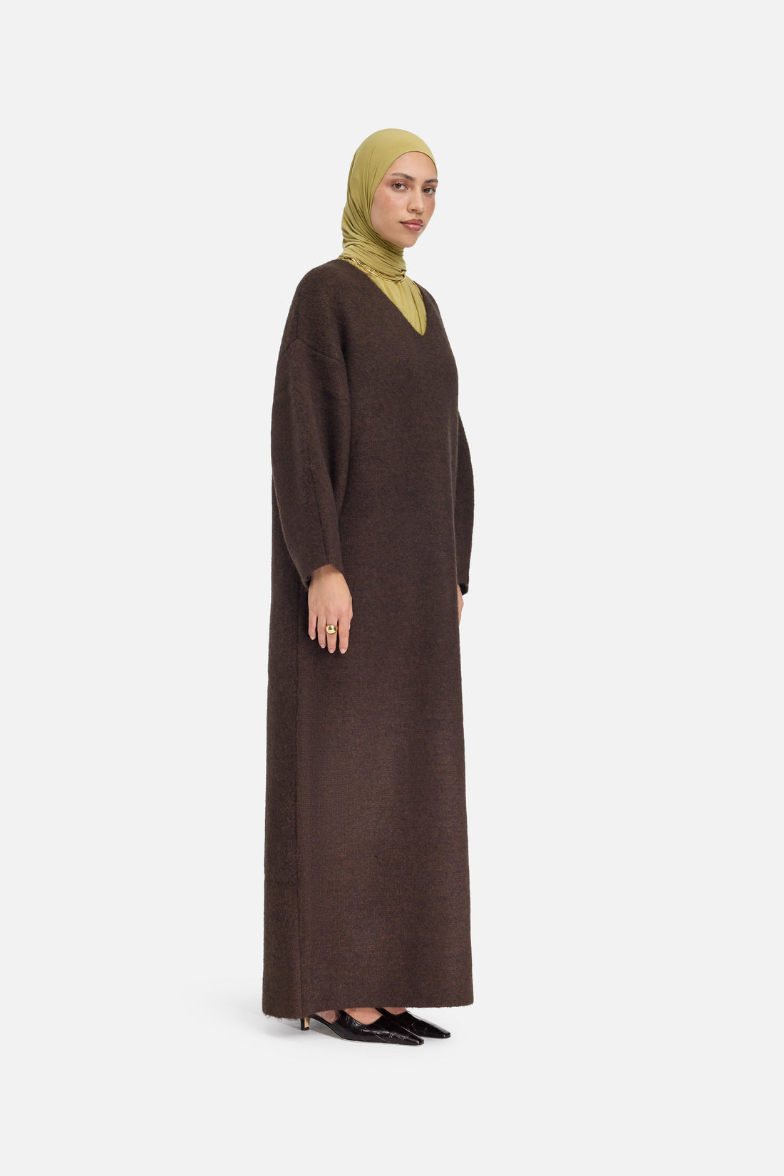 Geborstelde Tricot V-hals Jurk | Donkerbruin