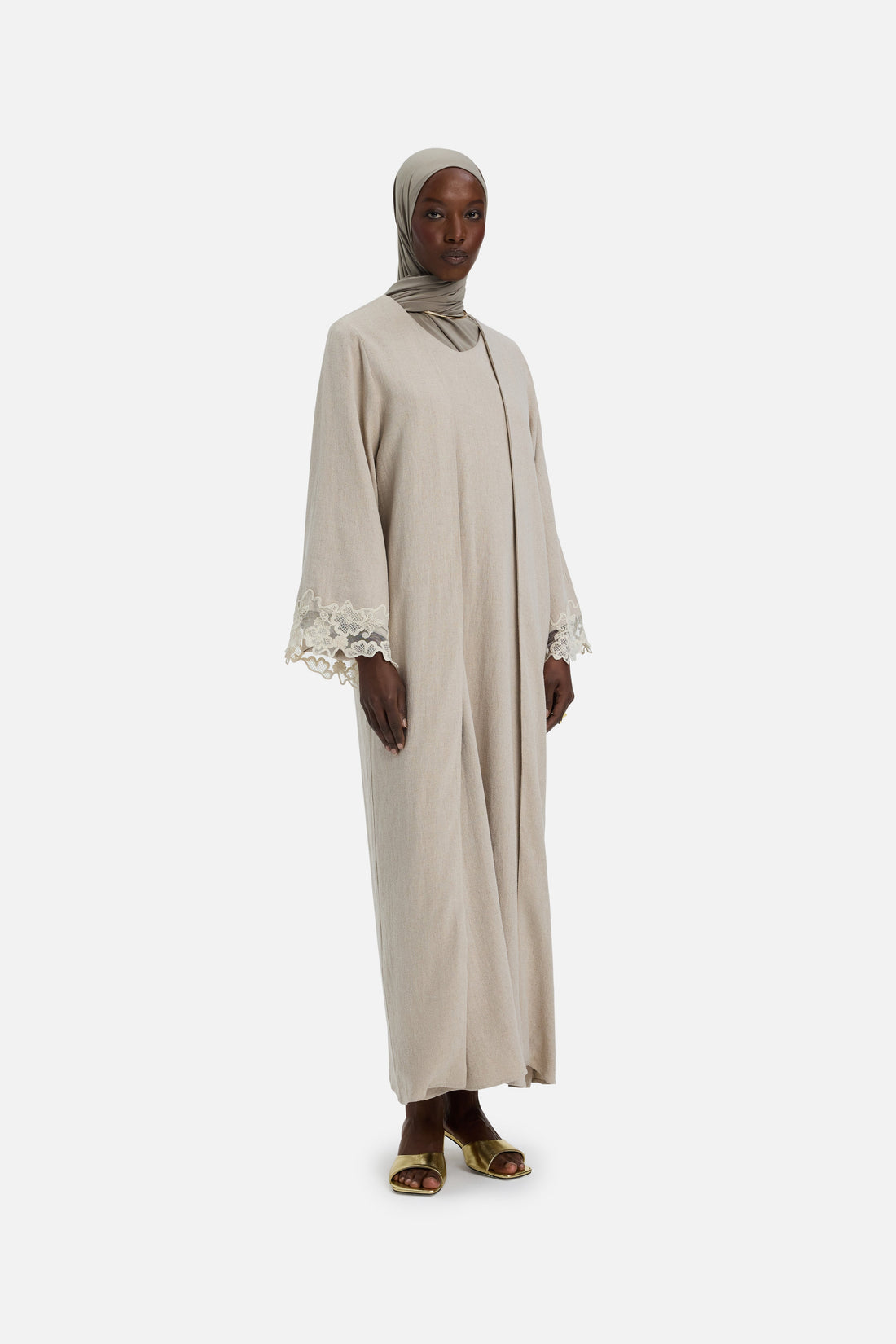 Kanten Versiering Abaya | Grijs Zand