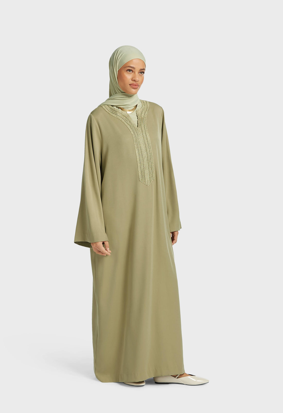 Geborduurde Lurex Kaftan Jurk | Grijsgroen