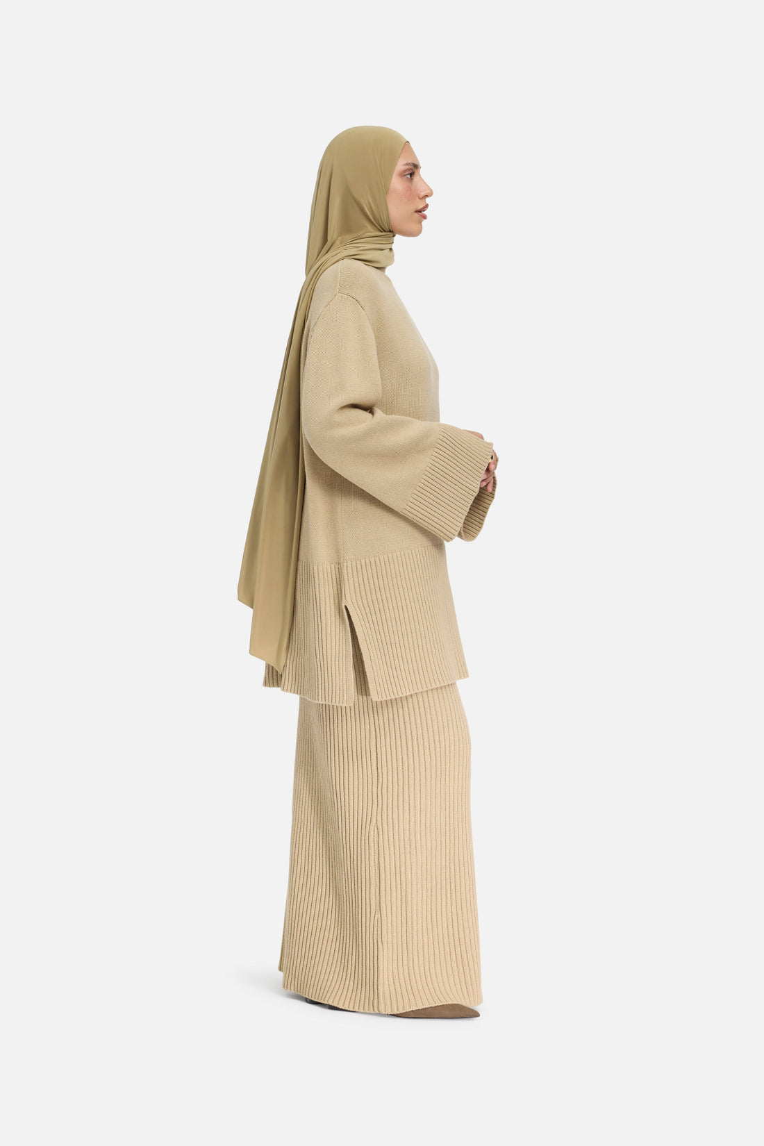 Geribde gebreide trui | Khaki