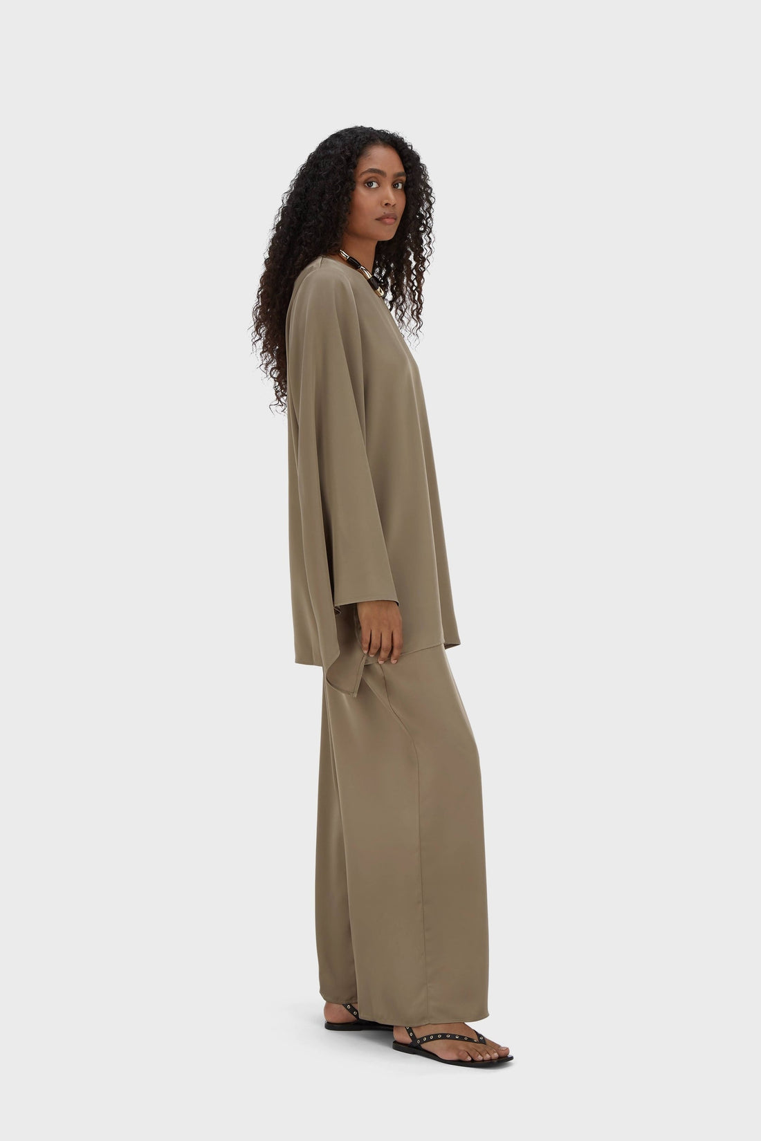 Satijnen Broek Met Wijde Pijpen | Taupe